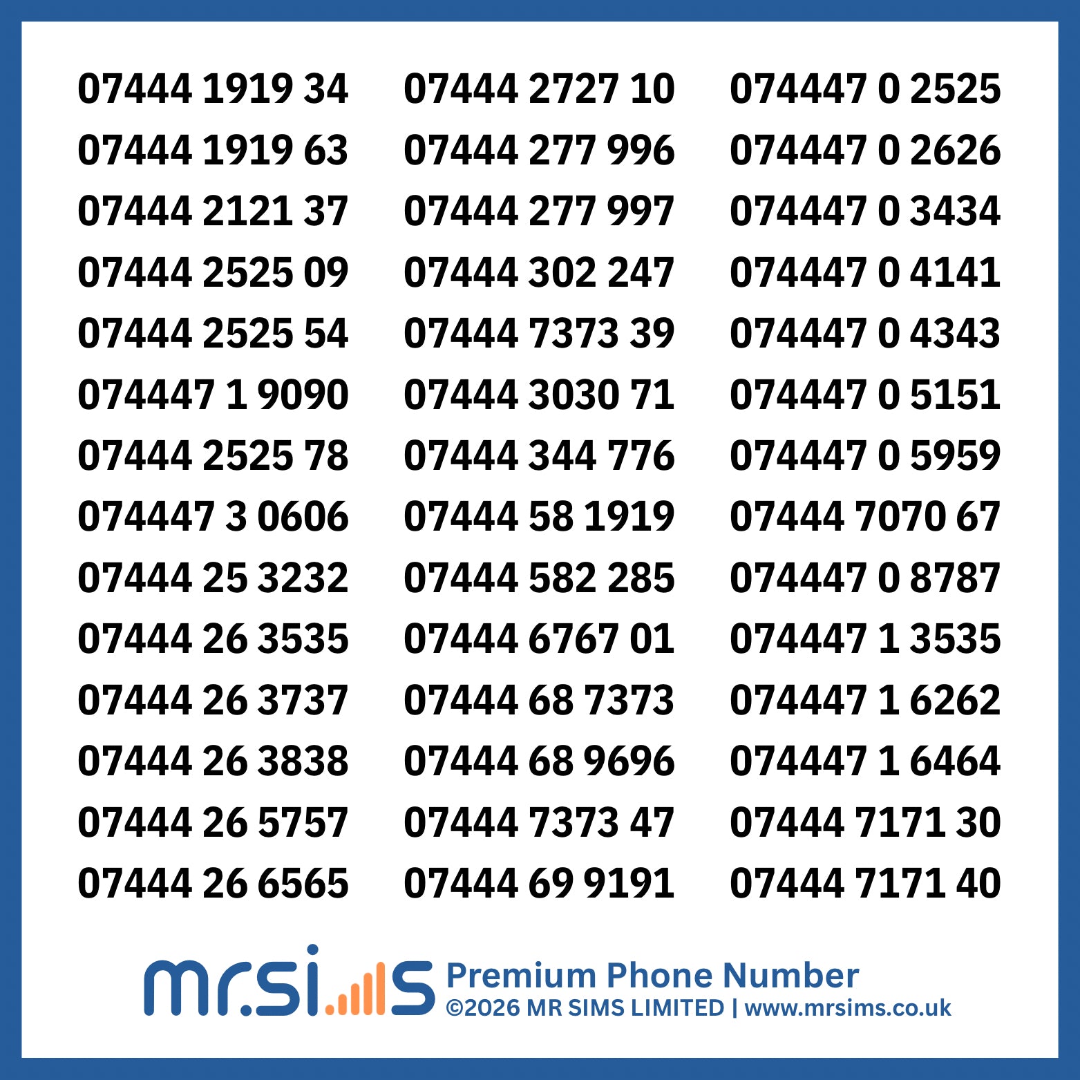 List of phone numbers with MR Sims Limited branding on a blue background