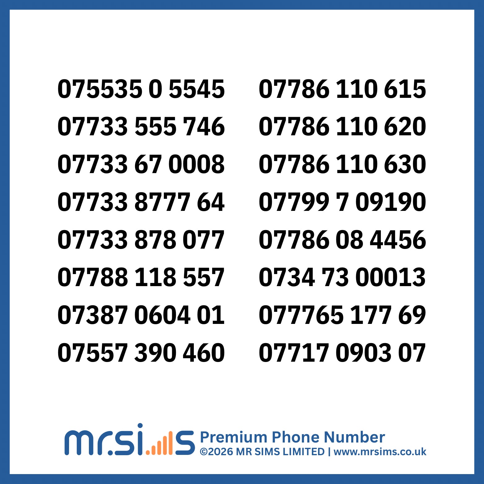 List of phone numbers of vodafone network with MR Sims Limited branding on a blue background